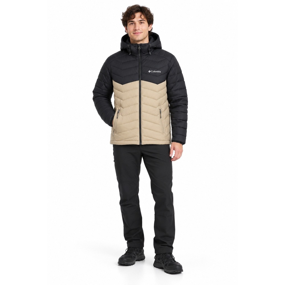 Columbia Omni-Heat Hooded Puffer Jacket M Black Tan Colorblock Gorpcore Outdoor